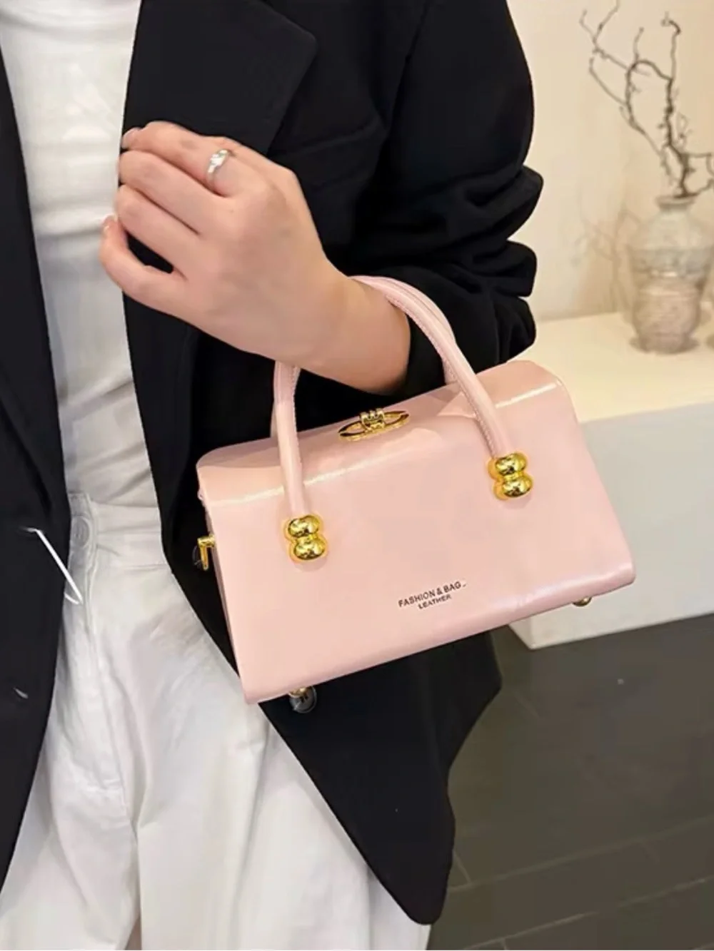 Women’s Pink Patent Top-Handle Satchel with Gold Hardware